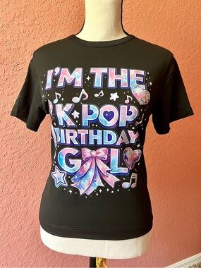 Girls K-Pop Birthday Shirt Black & Pink Blue Graphic T-Shirt Short Sleeves Large